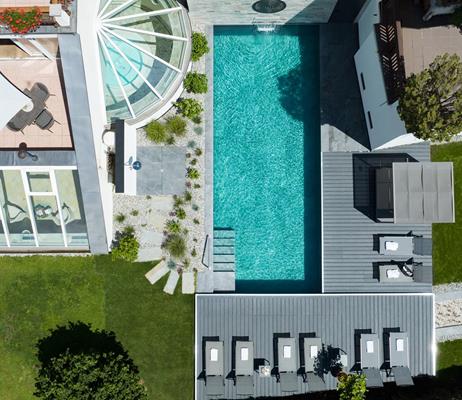 Outdoor pool, garden and terrace seen from above